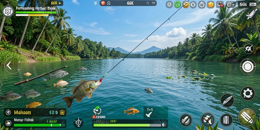Screenshot gameplay 66K menampilkan pemangkasan ikan yang epik di lautan.