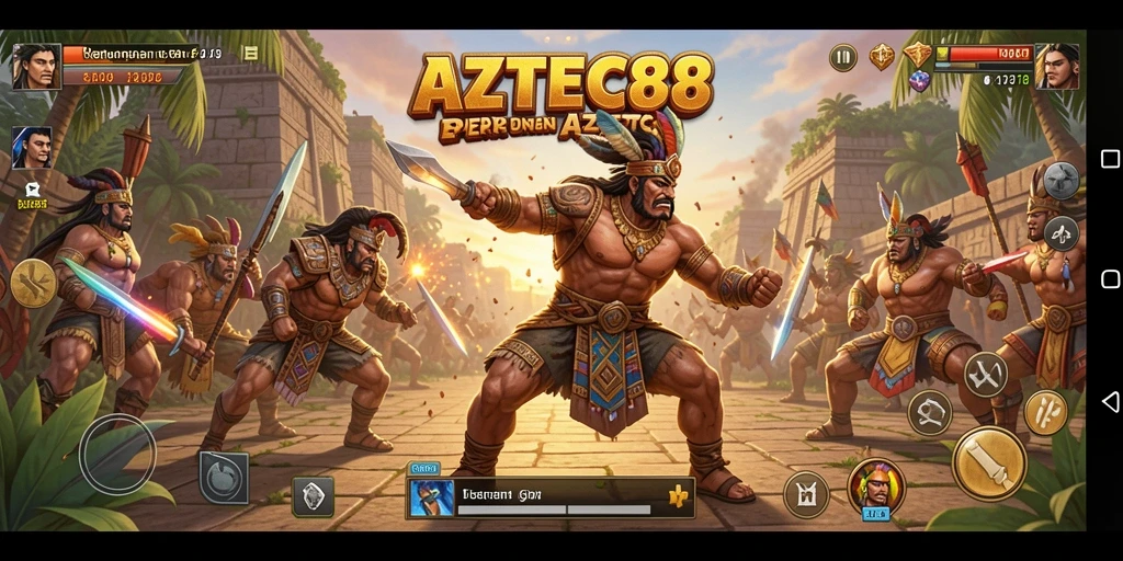 Screenshot AZTEC88 menunjukkan aksi pertarungan yang mendebarkan dan karakter berwarna-warni.