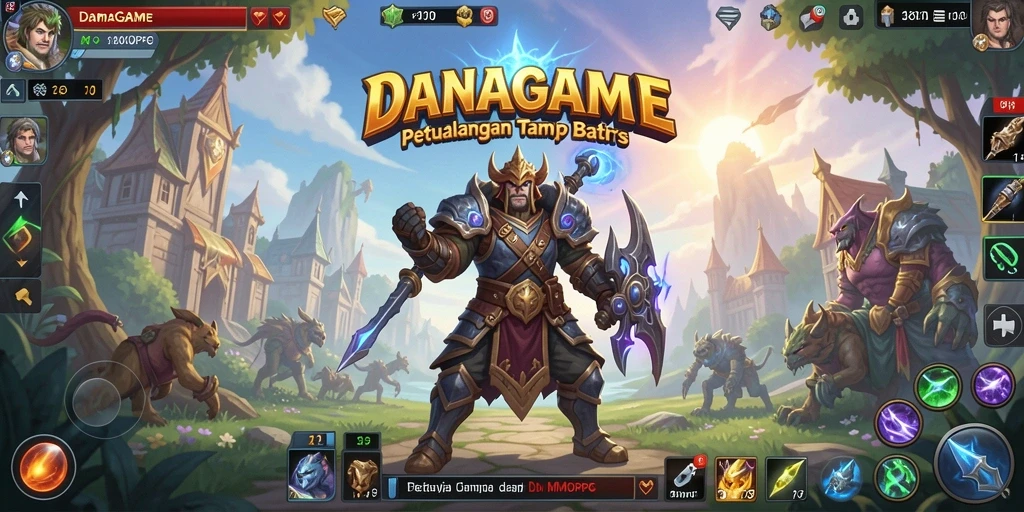 Screenshot gameplay dari <strong>DANAGAME</strong> yang menunjukkan pertarungan epik antara karakter di dunia fantasi.
