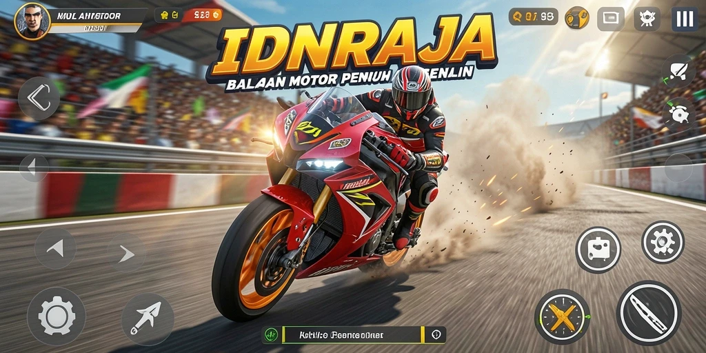 Screenshot gameplay IDNRAJA yang menunjukkan balapan motor yang mendebarkan.