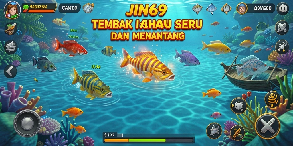 Tampilan gameplay menarik di JIN69 dengan berbagai ikan untuk ditembak.