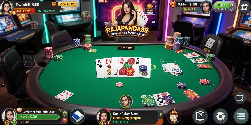 Screenshot dari gameplay seru RAJAPANDA88 yang menampilkan suasana poker.