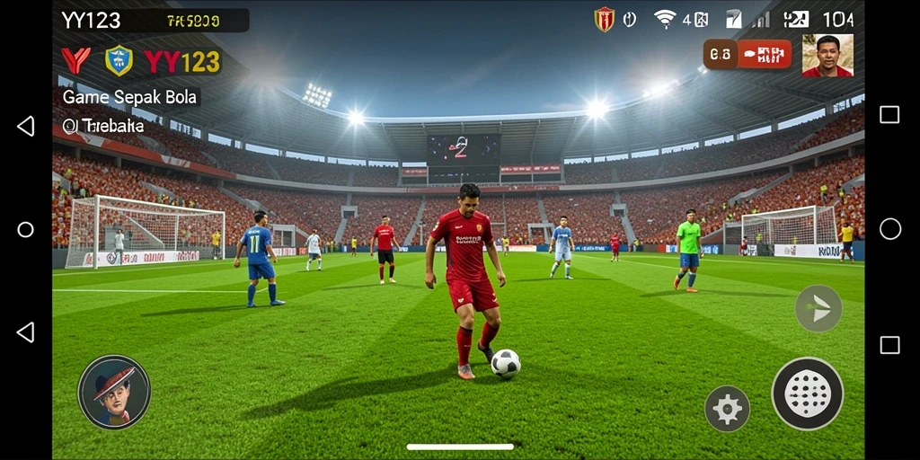 Screenshot YY123 menampilkan aksi seru di lapangan sepak bola.